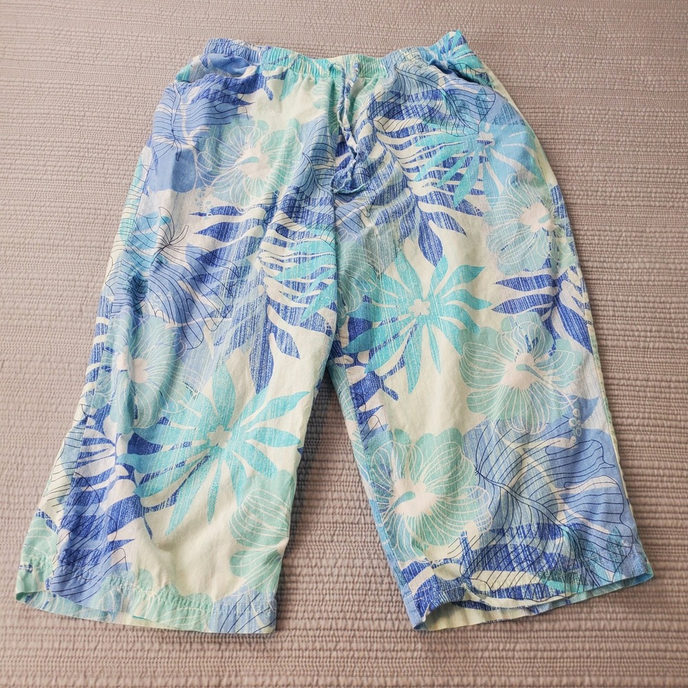 Erika Cropped Pants Womens Large Blue Tropical Floral Cotton Rayon Wide Leg